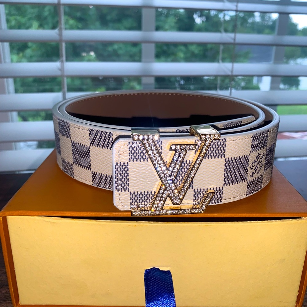 Louis Vuitton checkered canvas belt with rhinestone Initials
